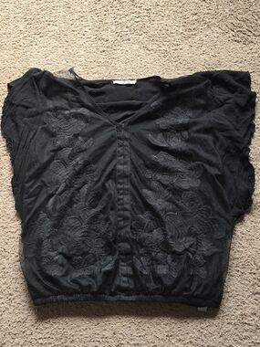 BKE Black Sheer V-Neck Embroidered Blouse